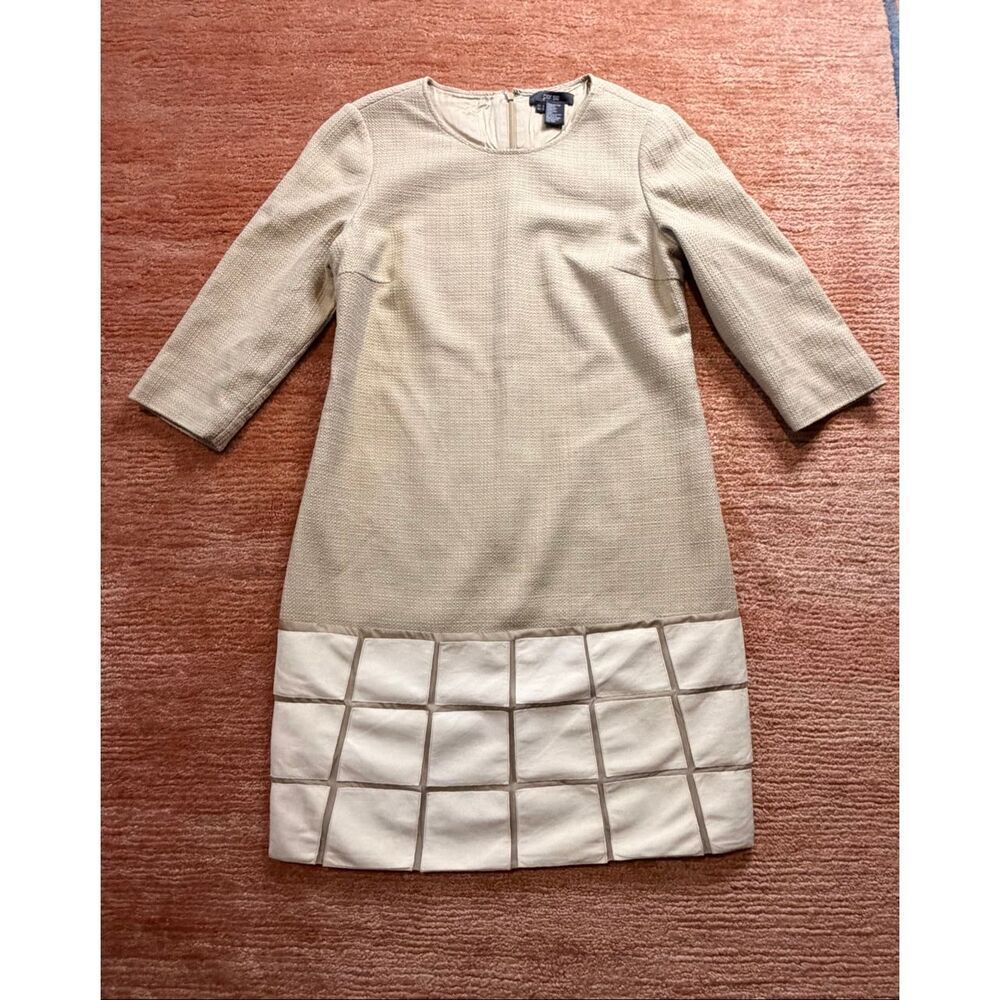 Per Se Beige Silk Cotton Shift Dress Size 6 3/4 Sleeve Lined